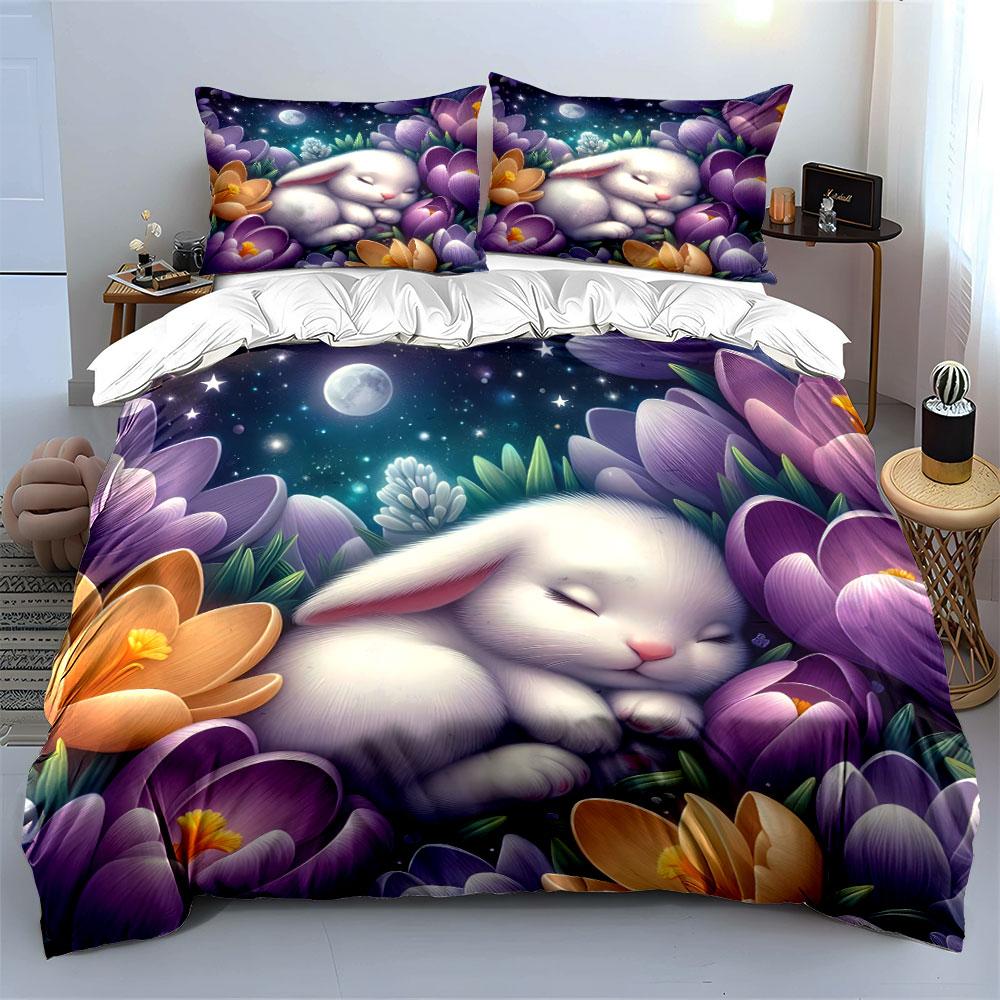 3pcs Colorful flowers, moonlit night, rabbit Print Bedding Set 1 Duvet Cover 2 Pillowcases for Adult and Children Luxury Gift