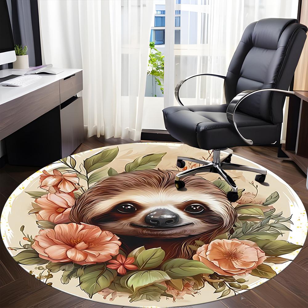 1pc Sloth Floral Print Carpet for Office Non-Slip, Round Carpet, Soft & Comfortable, Carpet for Office, Lightweight Round Floor Mat