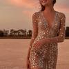 Party Dresses Women Evening Plus Size Clothing V-Neck Lace Short Sleeve Sheath Vintage Sequin Wedding Dress Ladies 2022