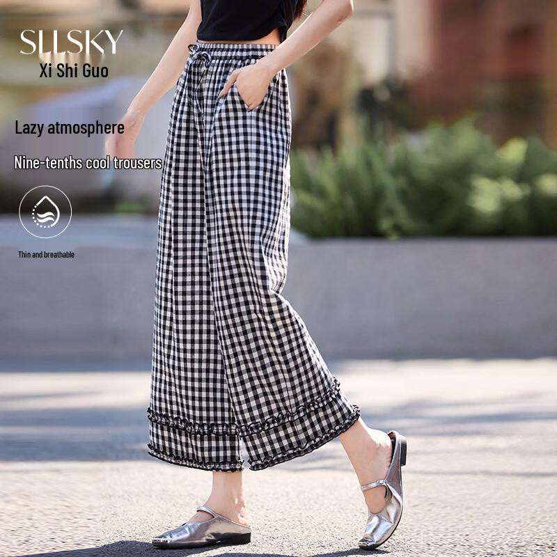 Sllsky Women s Retro Plaid Wide-Leg Cropped Pants XL