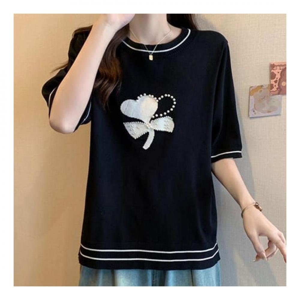 Navava Loose Fit Color Block Bead Thin Short Sleeve Knit Nk2037