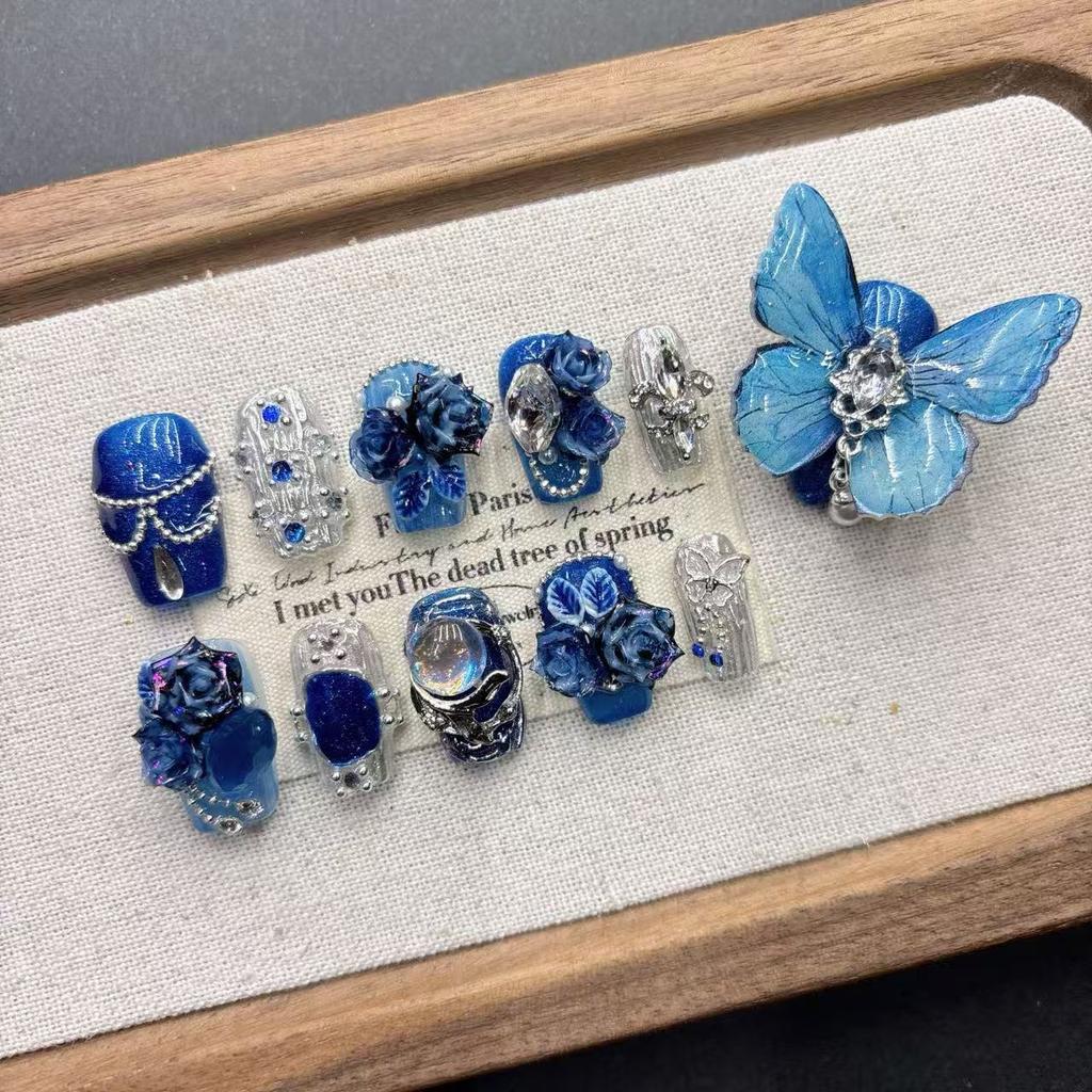 Square Press on Nails Almond Fake Nails Blue False Nails with Butterfly Design Full Cover Acrylic Glue on Nails Artificial Stick on Nails for Women