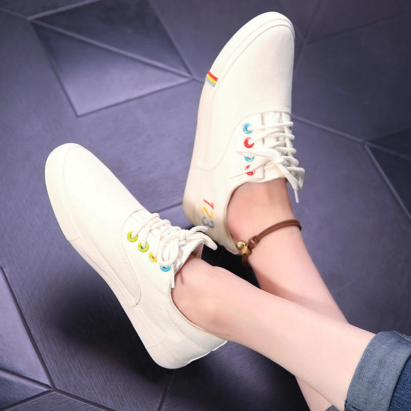 123 Style Fashion Round Toe Women Flat Sneakers Mixed Colors Sewing Female Flat Casual Shoes Lace Up Women Canvas Shoes