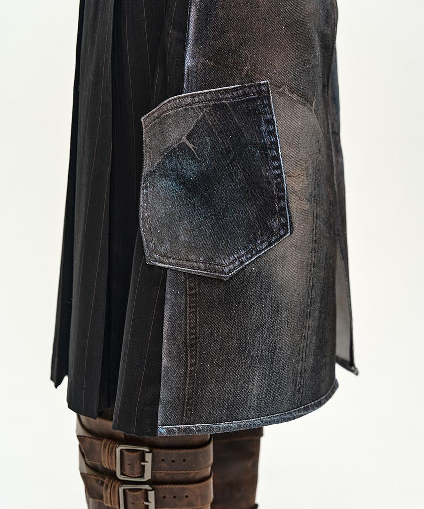 Andersson Bell Illusion Patchwork Trompe Loeil Pleated Skirt (Blue/Black)