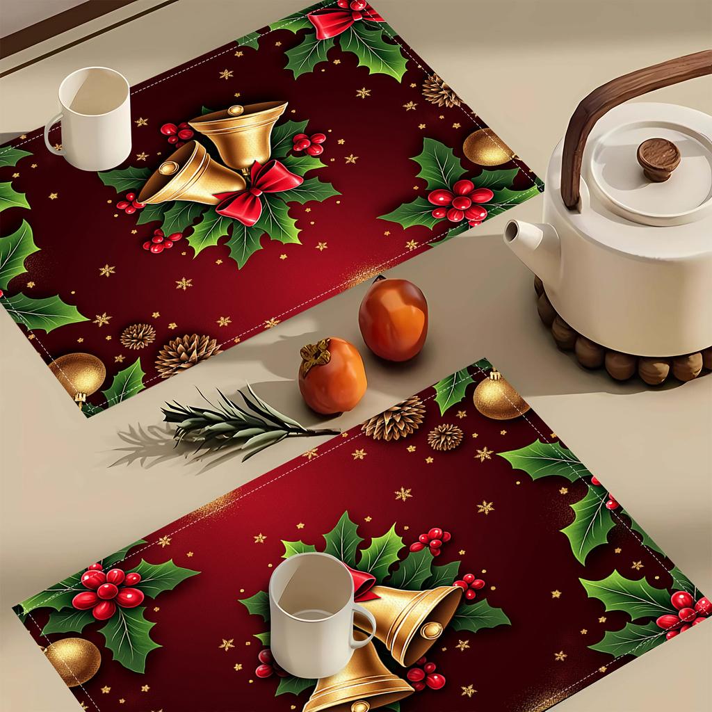4pcs/6pcs Autumn Elements Thanksgiving Halloween Holiday Decor Linen Placemats with Christmas Bells Holly Berries 2D Flat Pattern Print. Gorgeous