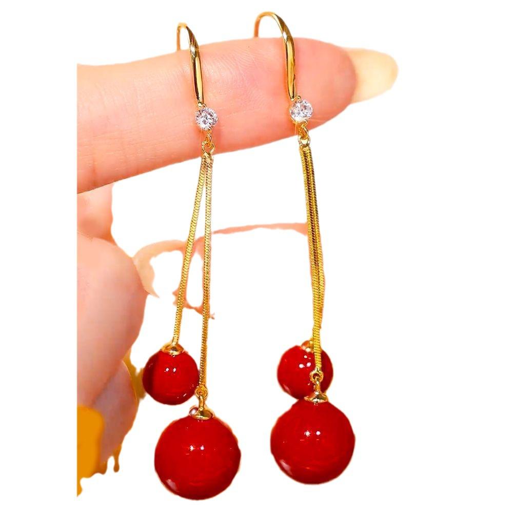 2024 Festive Red Pearl Face-Slimming Long Earrings - Chic, Trendy Niche Design