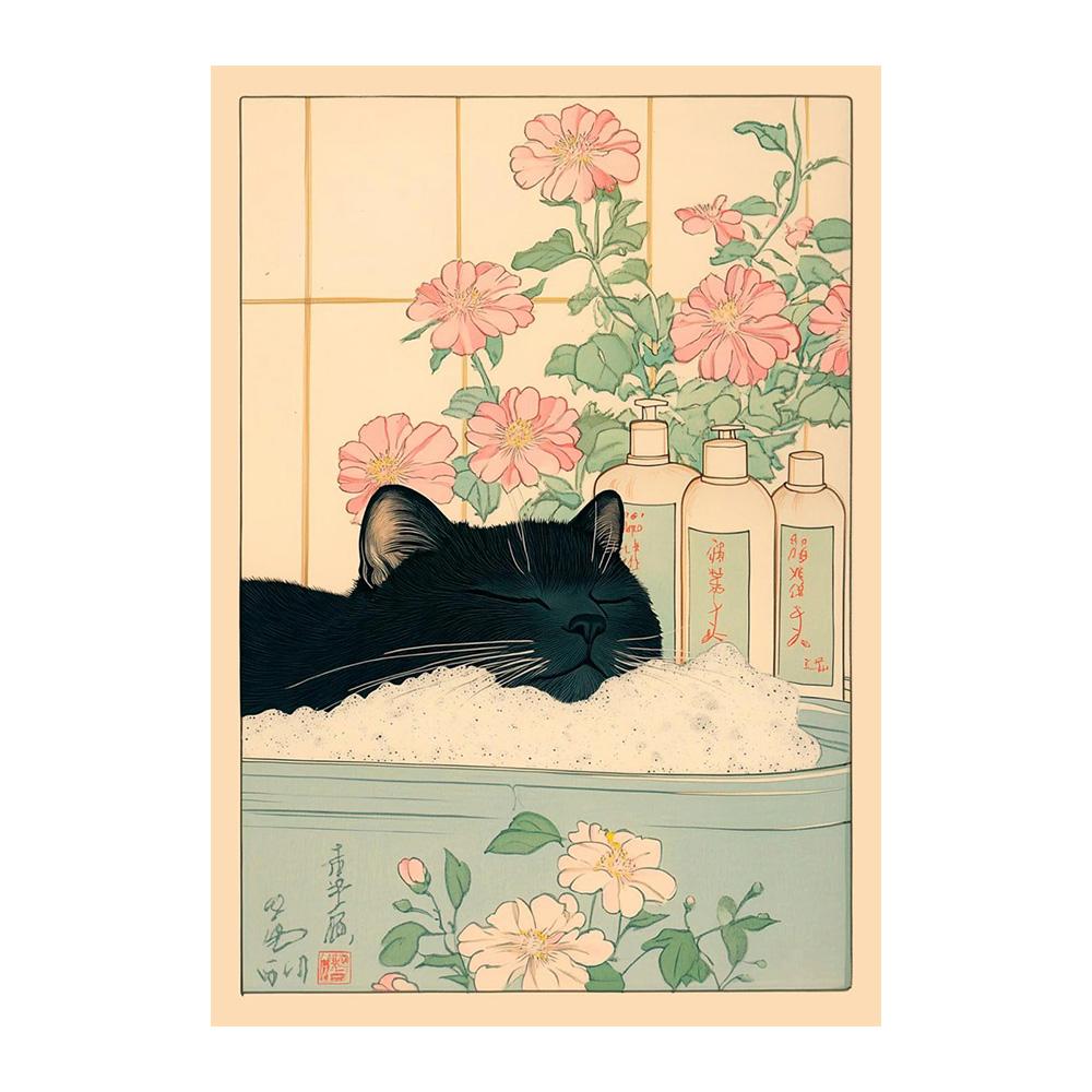 Gato Atigrado Japonés en Bañera Impresiones de Póster Pintura sobre Lienzo Estética Retro Arte de Pared Imagen Japandi Baño Aseo Decoración para el Hogar