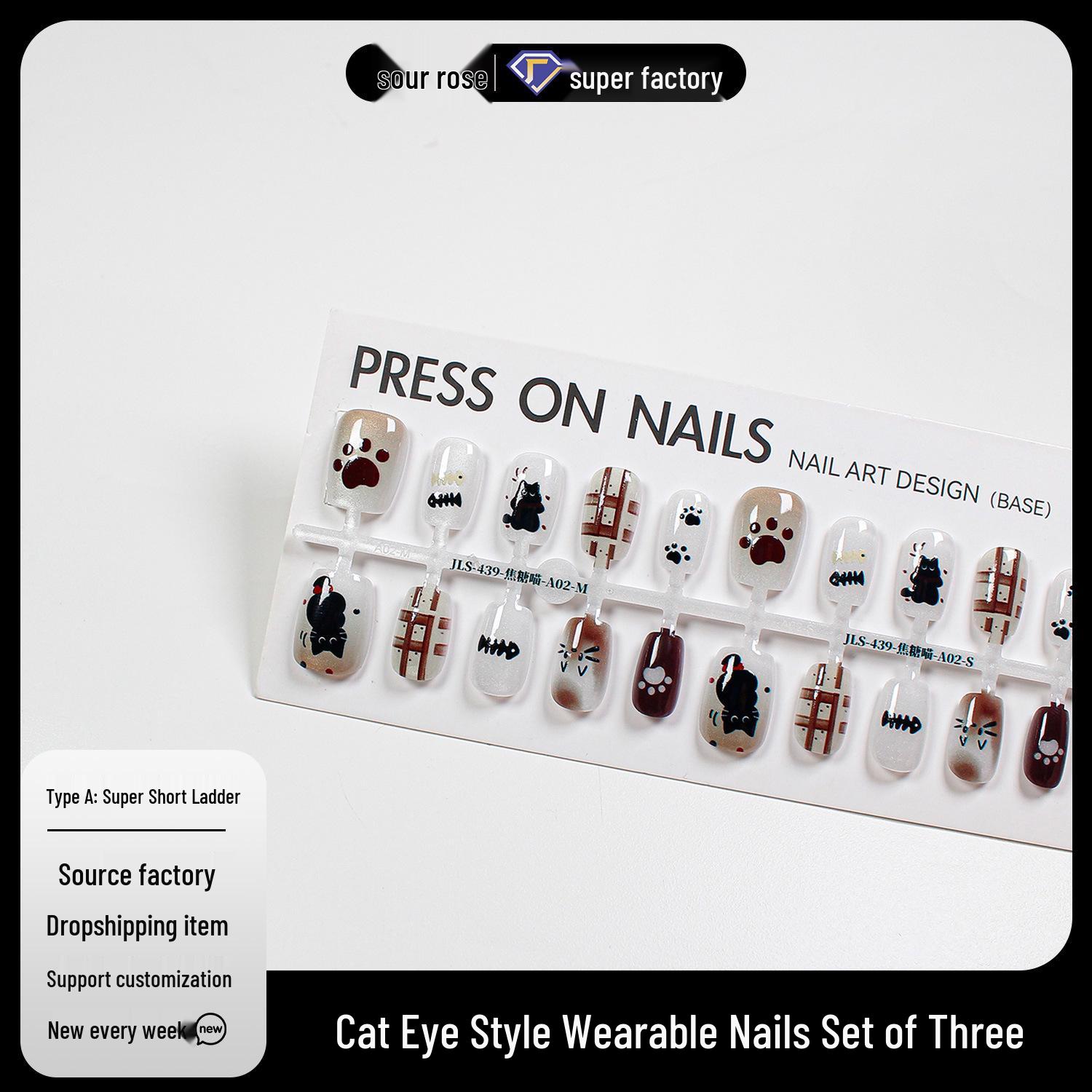 

Jiaolong Crystal Cat Eye Wearable Nail Set - Cute Hand-Painted Kitten Designs, Pre-Made Finished Pieces