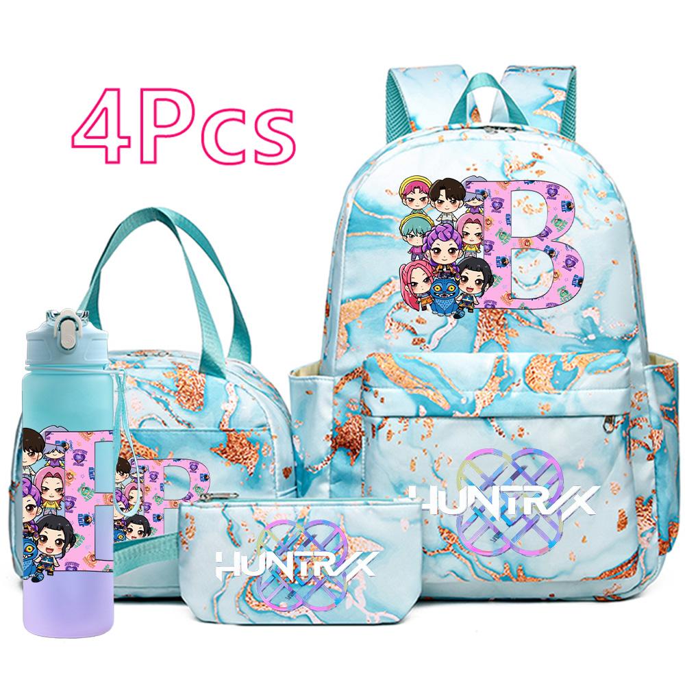 4Pcs/set Cartoon K-Pop Printed Large Capacity Backpack Handbag Pencil Case with 750Ml Water Bottler for Teenager Boy Girl Schoolbag Bookbag Mochila