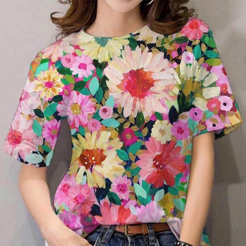 Women's T-shirt for Girls Summer Short Sleeve Fashion Sexy Girls Clothes Y2k Print Tees Wowen's Floral Graphic Oversized T-shirt