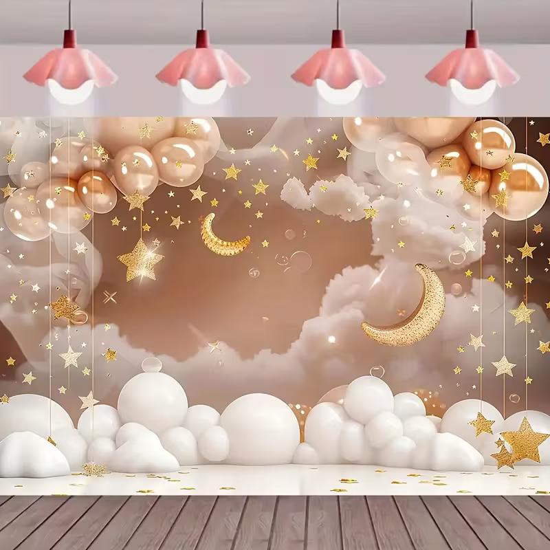 2D Moon and Stars Baby Shower Backdrop Neutral Cloud Balloon Photography Background