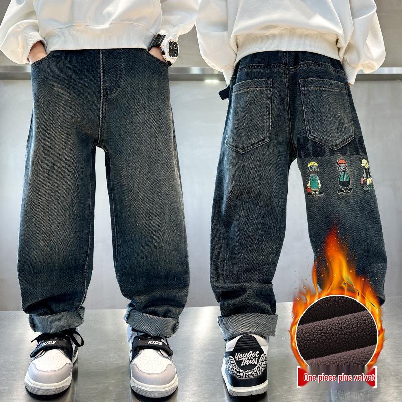 Chlapecké zateplené zimní džíny s fleecovou podšívkou - Teplé bavlněné kalhoty pro střední a velké děti (Kolekce 2025)