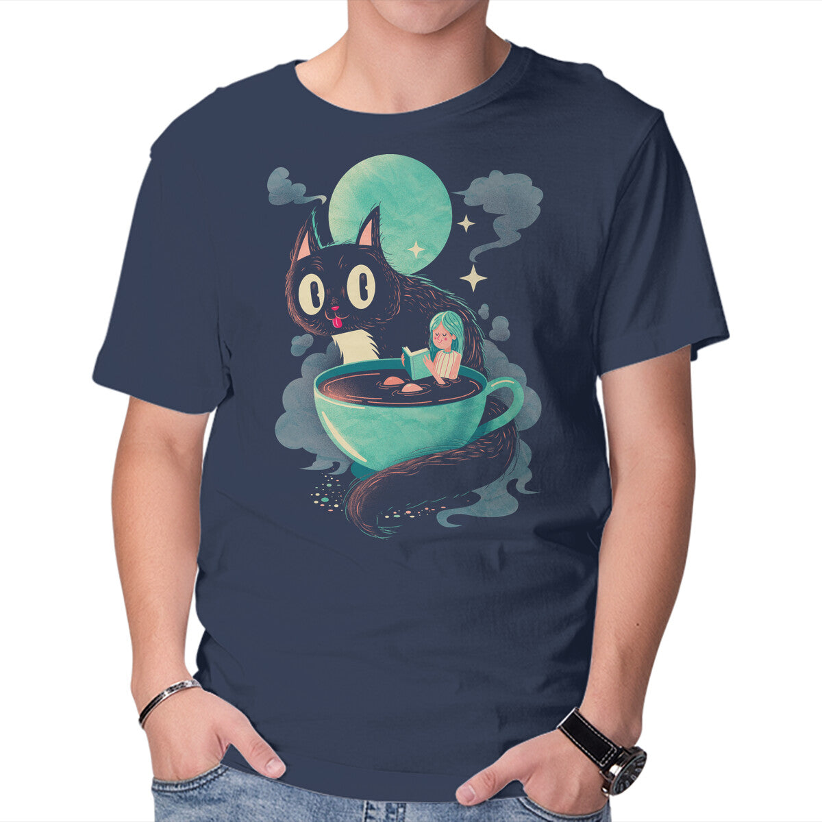 Unisex Crew Neck T-Shirt Books Coffee And Giant Cats Graphic Short Sleeve Casual Tee L
