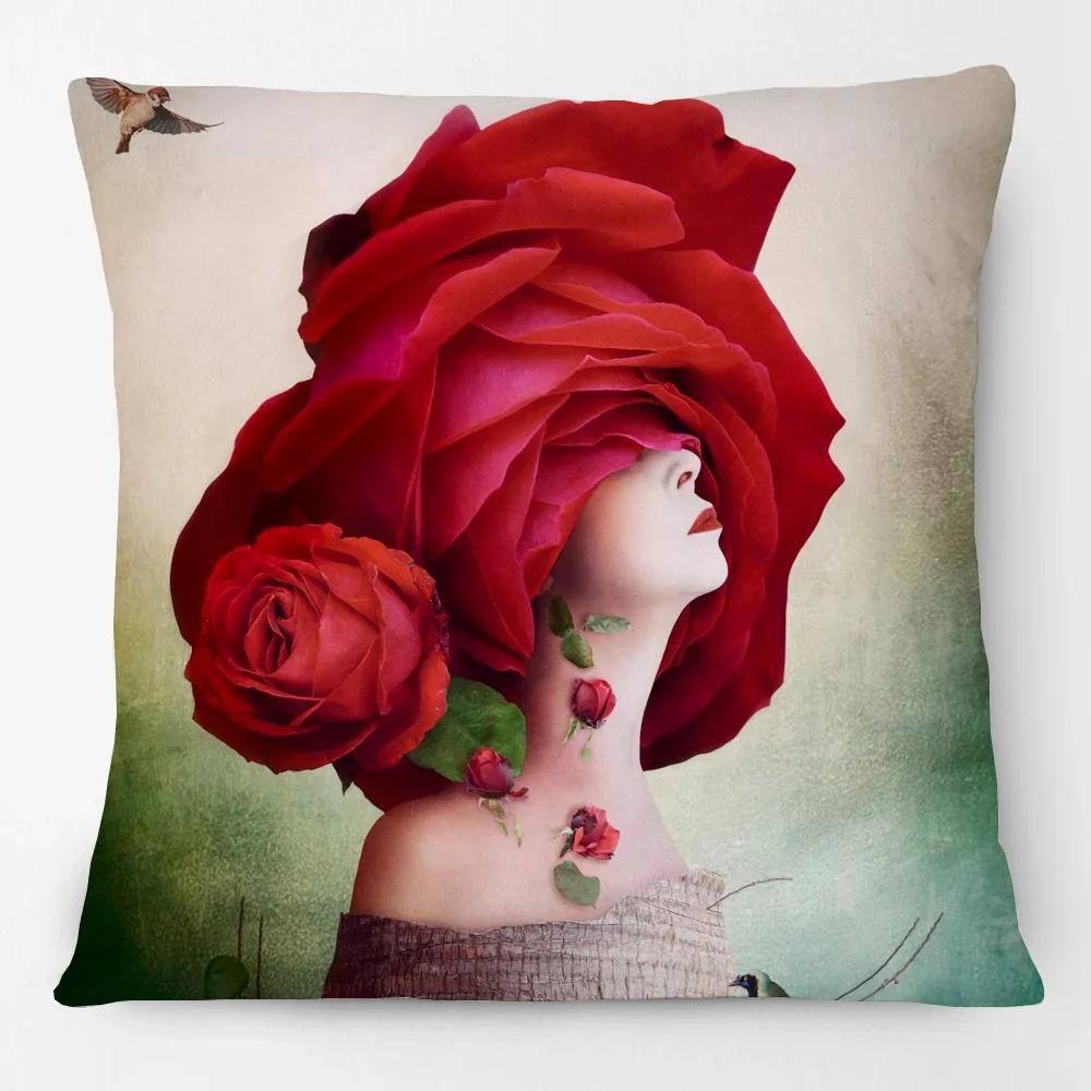 European Flower Painting Rose Dreams Woman Girls Portrait Poster Cushion Cover Birds Dove Home Pillow Case
