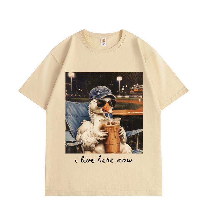 I Live Here Now Funny Goose Meme Graphic T Shirts High Quality Fashion Oversized T-shirts Men Women Short Sleeve T-shirt