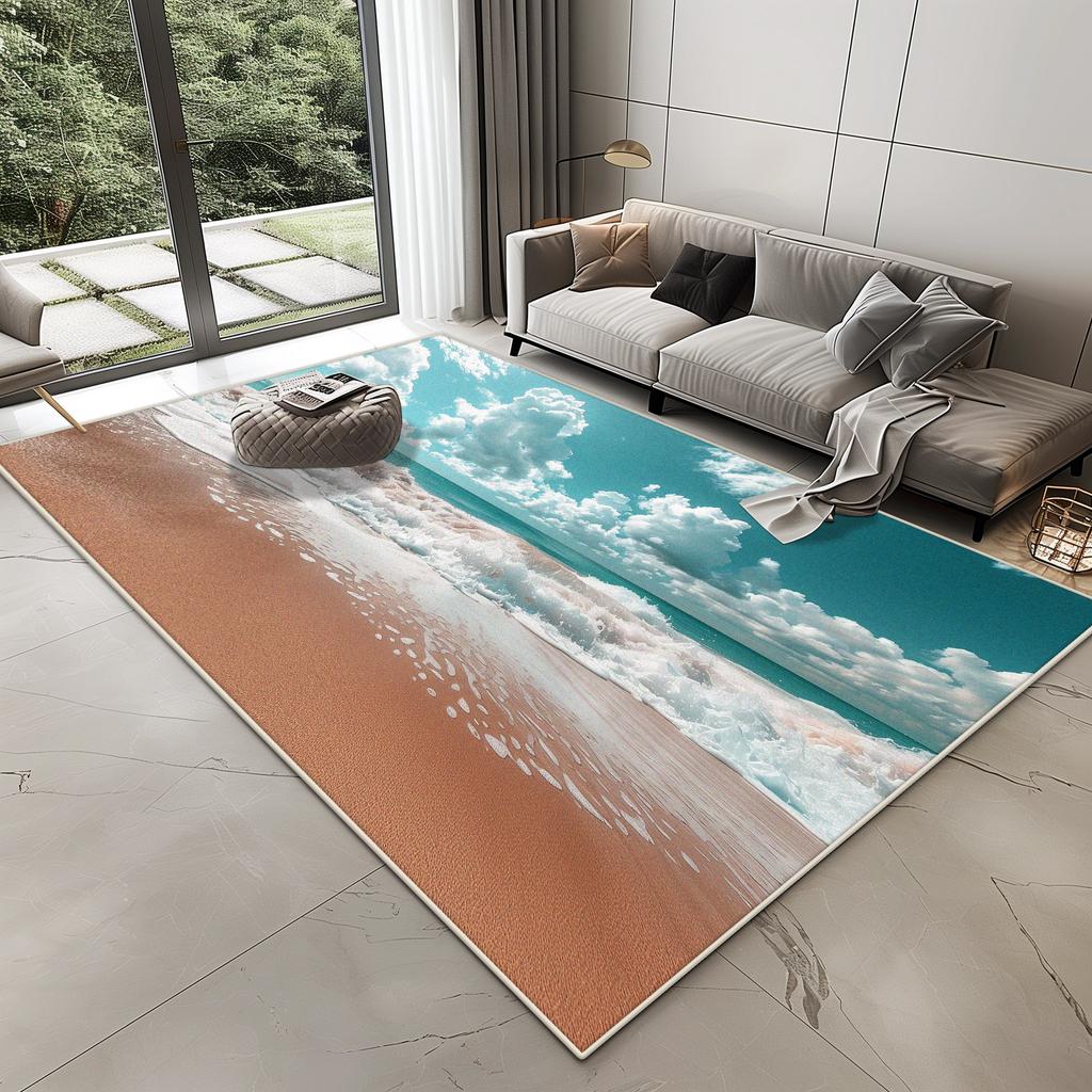 3D Vision Seaside Design Carpet for Living Room Home Decoration Modern Bedroom Rug Lounge Non-slip Washable Plush Floor Mat Soft
