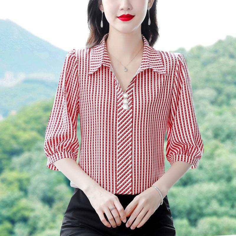 

Новая Летняя Элегантная Мода Повседневная Простая Рубашка с V-образным вырезом, Панелью, Пуговицами, Полосатым Принтом, Свободного Кроя, Универсальная, С Рукавом Три Четверти L красный