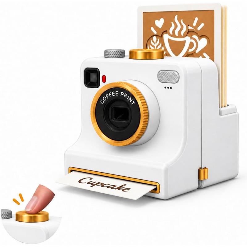 Zábavná 3D tištěná Latte kamera Vyměnitelné karty Stisk jedním dotykem DIY nástroj pro latte art Kamera Vintage vzhled Včetně šablon