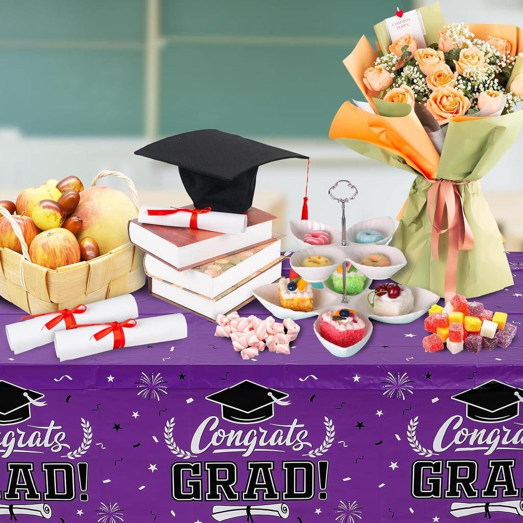 Staraise 2025 Graduation Party Table Decorations 3PCS Purple Graduation Tablecloths,Waterproof Plastic Rectangular Disposable Table Cover for