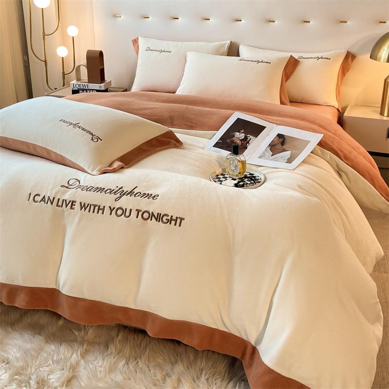 

Thickened Milk Fleece Bed Four-Piece Set, Coral Fleece Flannel Bed Sheet Quilt Cover Three-Piece Set 1.2m 3pc- 150x200cm quilt core