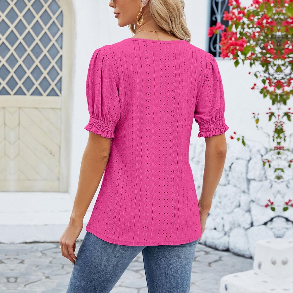 Damen Kurzarm Einfarbig Mode Eckiger Ausschnitt Puffärmel Locker T-Shirt Top