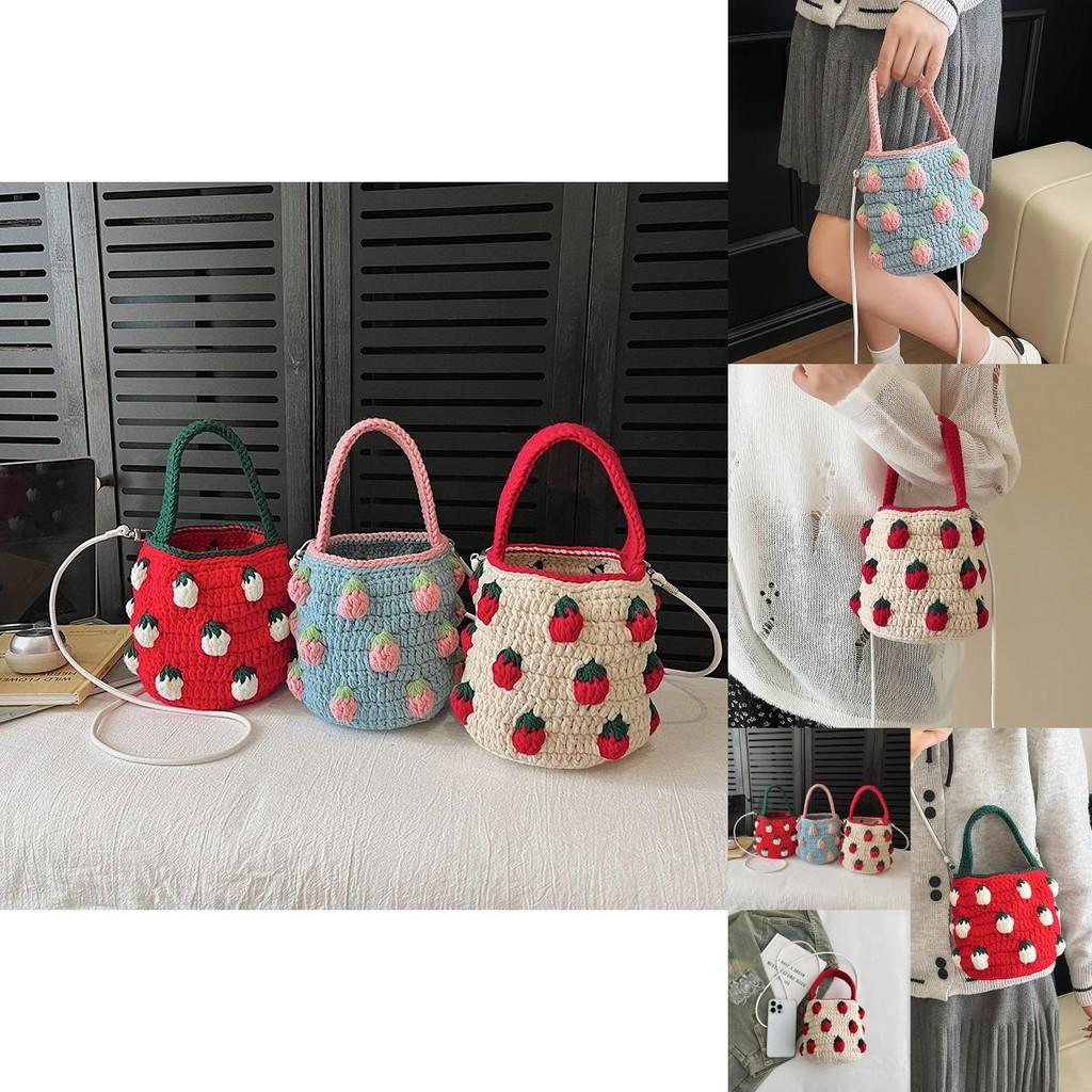 Cute Color Blocking Strawberry Pattern Women Knit Handbag For Daily Use