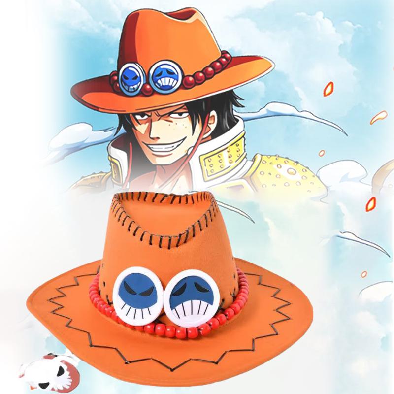 New Anime One Piece Ace Cosplay Hats Unisex Luffy Ace Orange Cowboy Cap for Kids Adult Halloween Carnival Cosplay Accessories