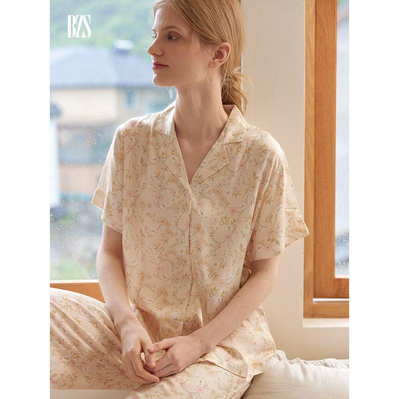 24 New Small Lapel Women Rayon Satin Floral Print Pajamas Set Short sleeve Trousers Can Be Worn outside Homewear