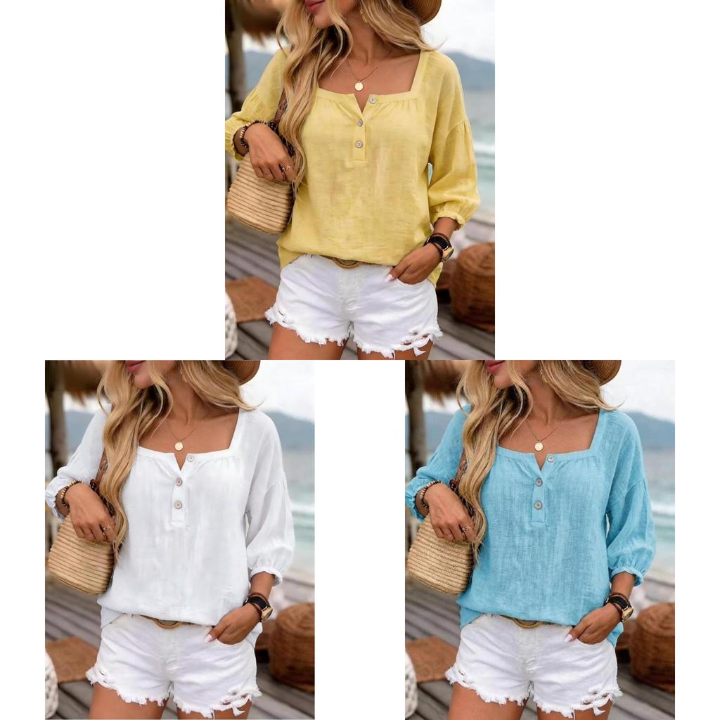 Camicia Casual in Lino da Donna con Maniche a Lanterna e Scollo Quadrato per le Vacanze Estive