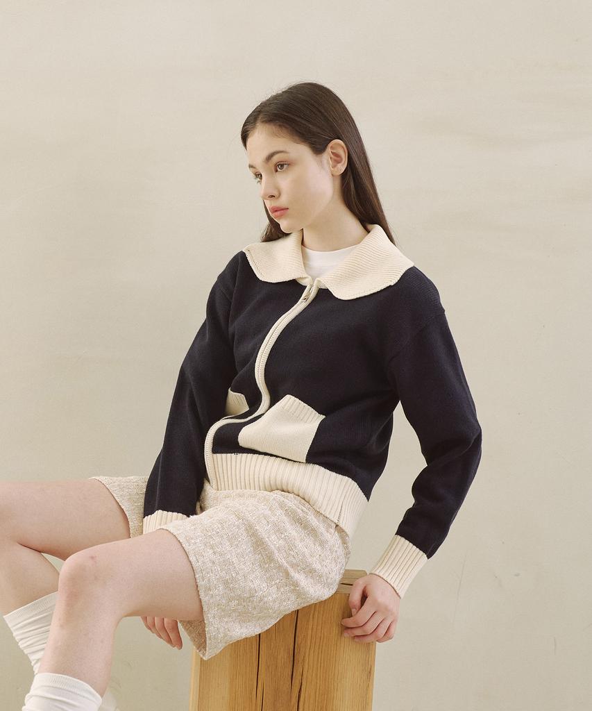 BLOND9 Shawl Collar Coloration Knit Zip-Up_Navy