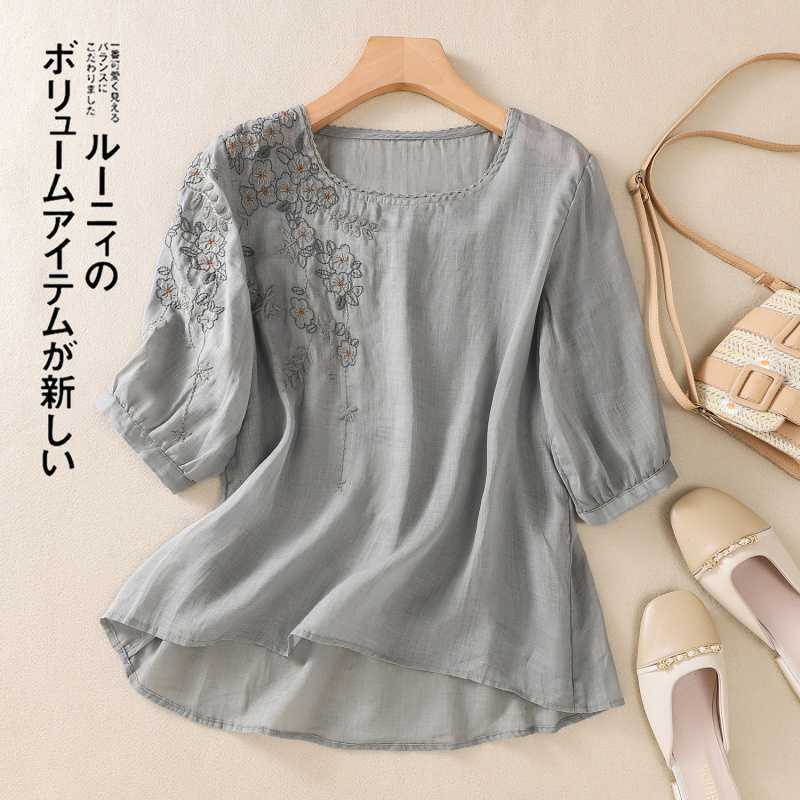 

Новые вышитые хлопково-льняные топы в литературном ретро-стиле, свободные и высококлассные, приталенные хлопково-льняные футболки с коротким рукавом M серый