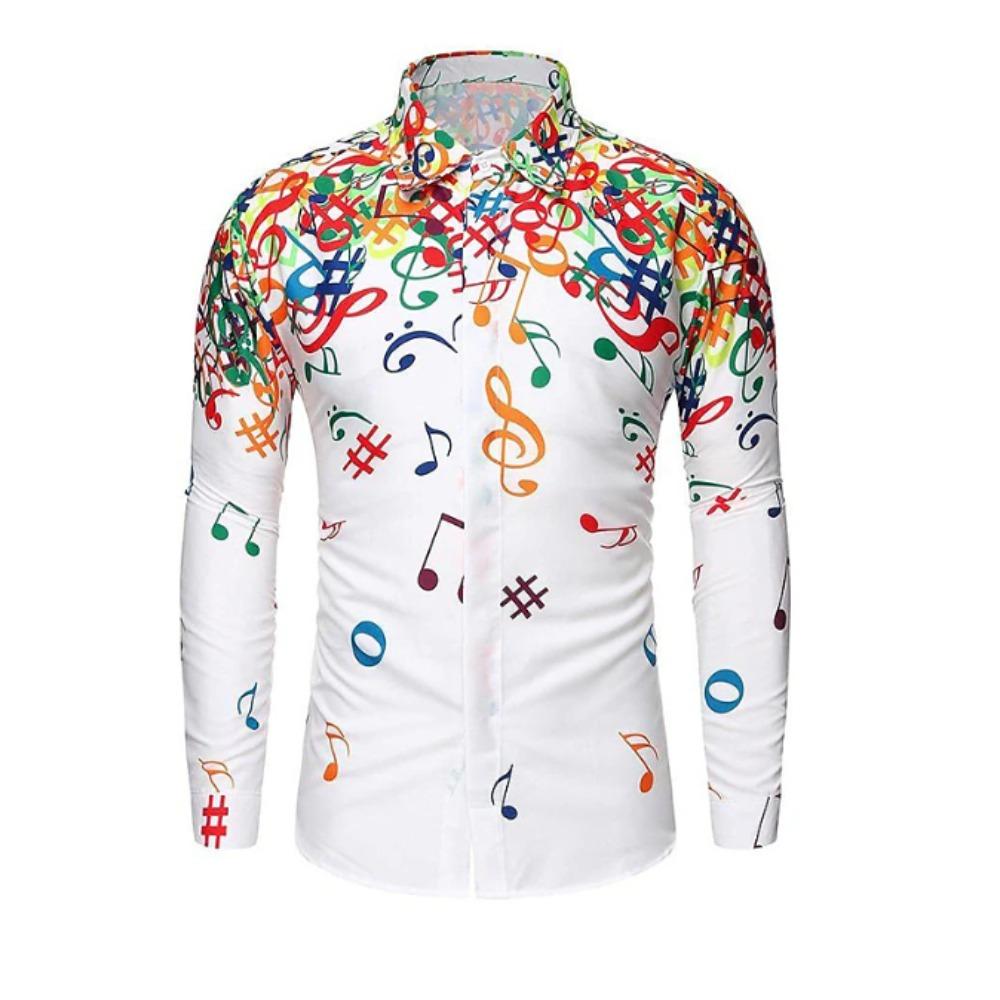 Herren Hemden mit musikalischem Notendruck Langarm Casual Cardigan Neue Knöpfe Feiertagsmode Hemden