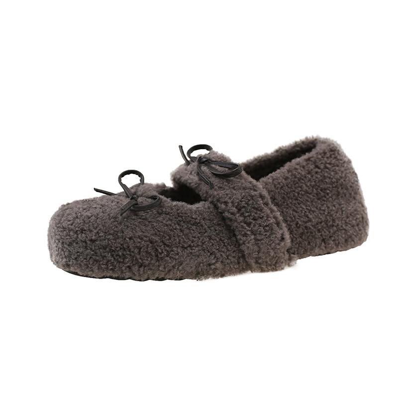Women Fur Flats Shoes Bow Suede Casual New Loafers Fashion 2026 Fashion Trend Winter Short Plush Walking Shoes Woman Shoes