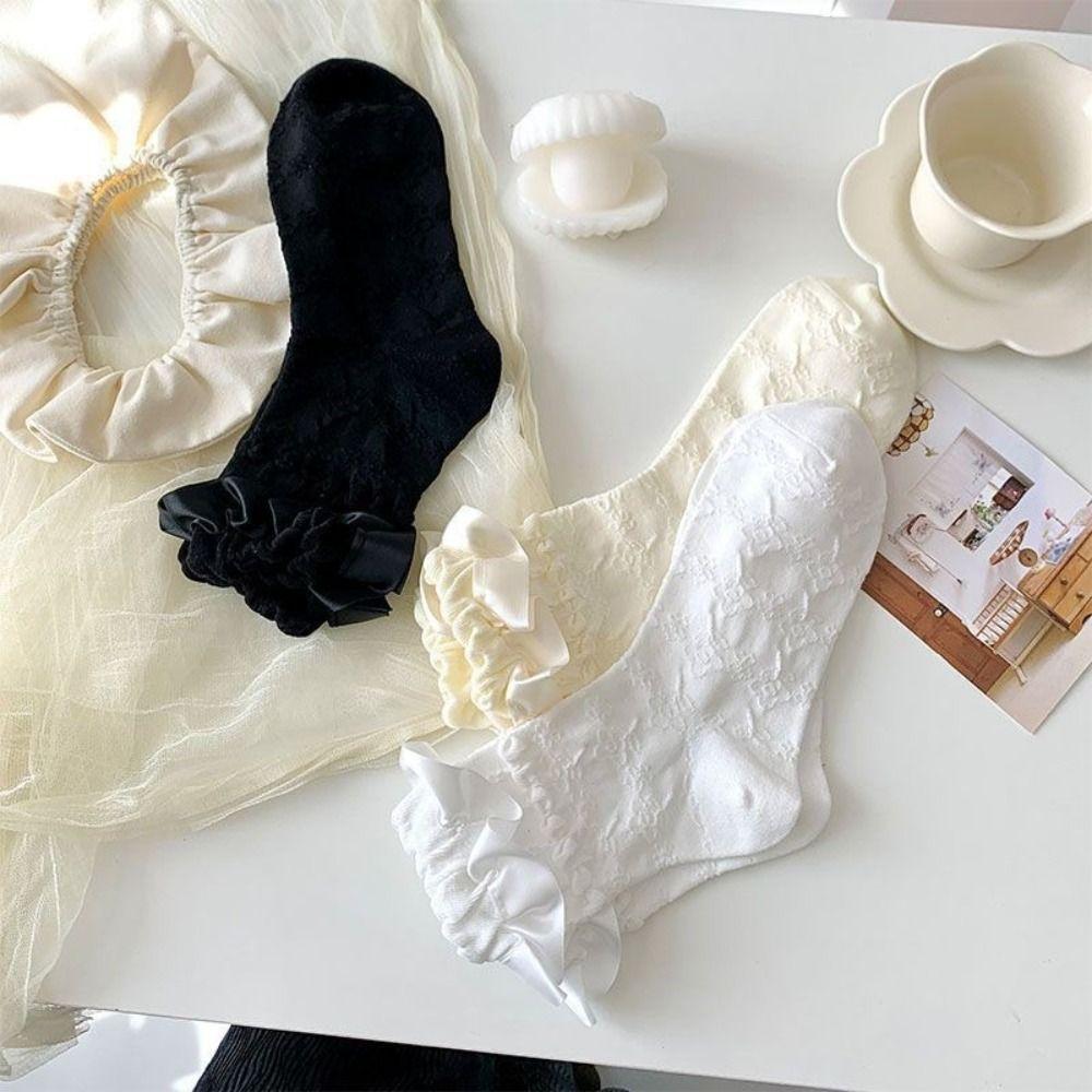 Breathable Lolita Stockings Black White JK Mid-calf Socks Lace-trimmed Stockings For Women Girls