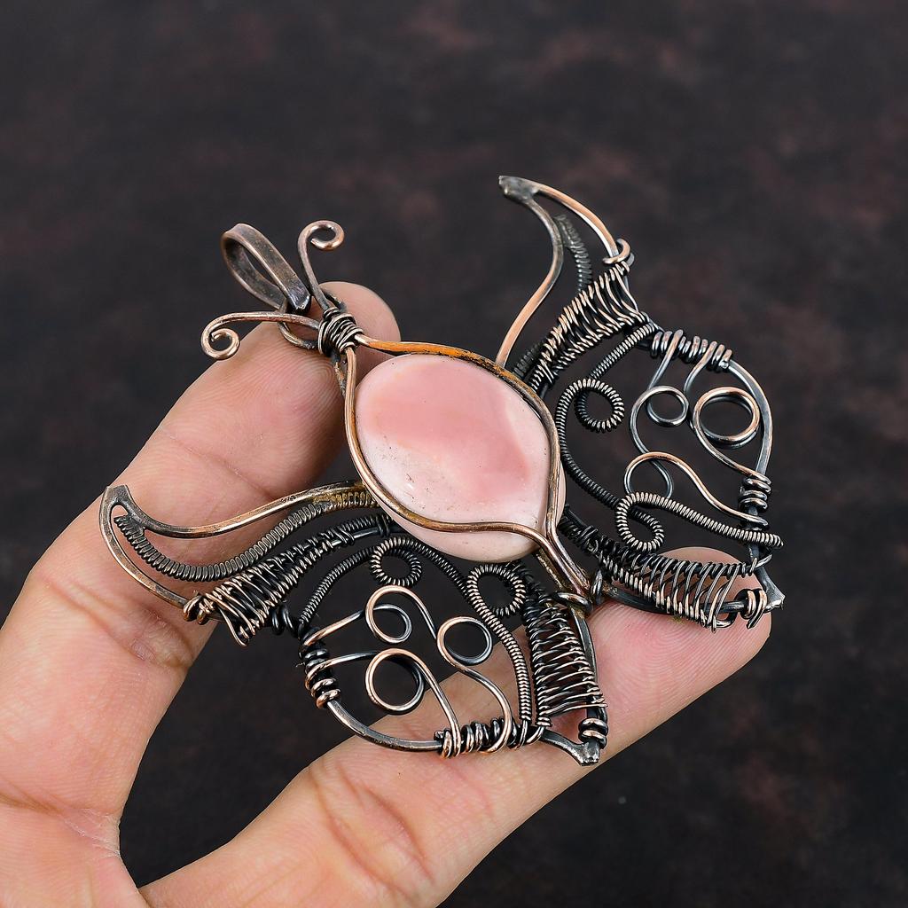 Pink Opal Pendant Copper Wire Wrapped Gemstone Pendant Butterfly Pendant Copper Jewelry Handmade Pendant Wire Wrapping Jewelry Gifts For Mom