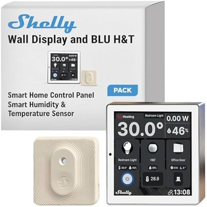Shelly Wall Display White + Blu H&T Ivory (Bundle), Kit domotique Wi-FI & Bluetooth, Panneau de contrôle, Capteur de température et