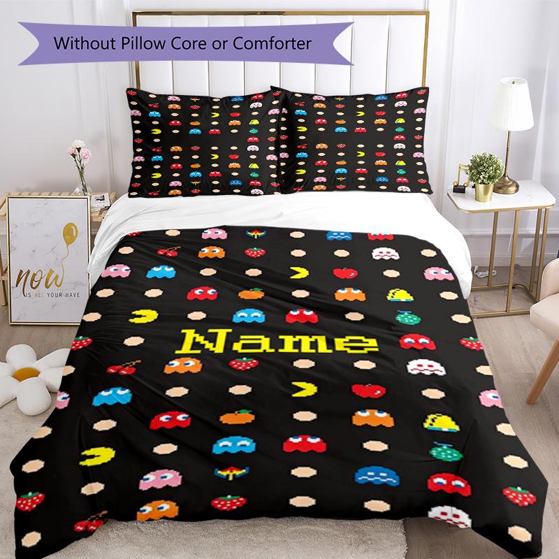 3pcs Custom Name Pac Man Bedding Set Duvet Cover Closure Includes 1 Duvet Cover & 2 Pillowcases, Soft and Comfortable for All Seasons.