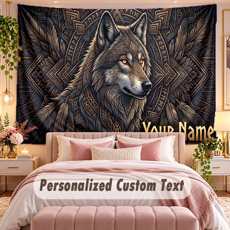 Wolf (275) Theme Wall Tapestry Customized With Name Text Personalized Hanging Tapestry For Bedroom Living Room Decor