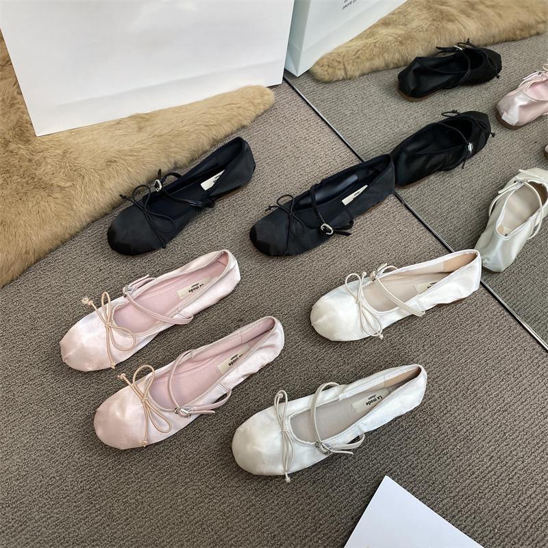 Bailarinas Zapatos de mujer Satin Summer Shoes Round Toe Ballerines Bow Buckle Pink Elegantes Women Ballet Flats