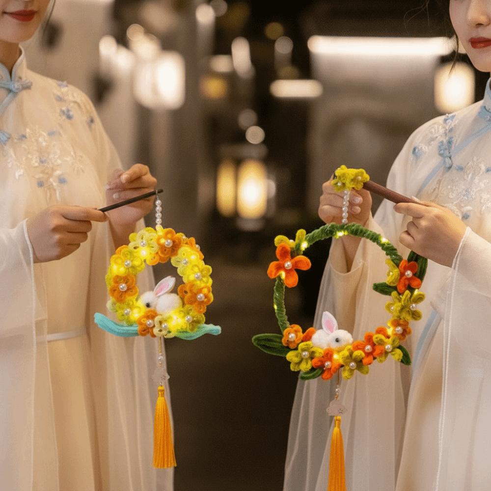 Handmade Rabbit Hoop Lamp Glowing Chenille Stems Craft Bunny Wreath Lantern  Mid-Autumn Festival