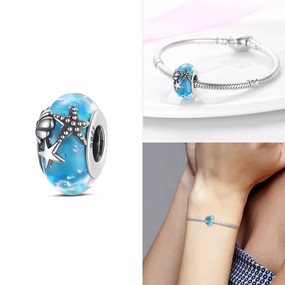 Original Rosa Glasperlen Blaue Romantische Perlen 925 Silber Charms für Frauen DIY Schmuckherstellung Armband Passend