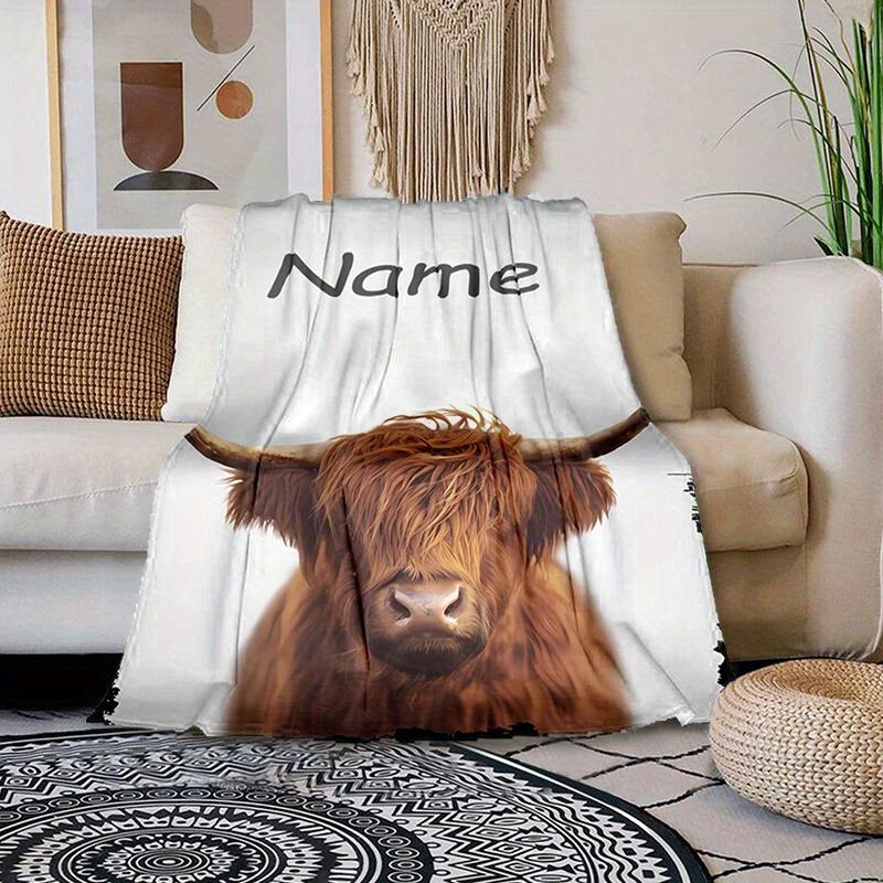 Custom Highland Cow Blanket Personalized Name Scottish Cattle Fleece Throw All Season Soft Warm Bedding Farmhouse Decor Gift