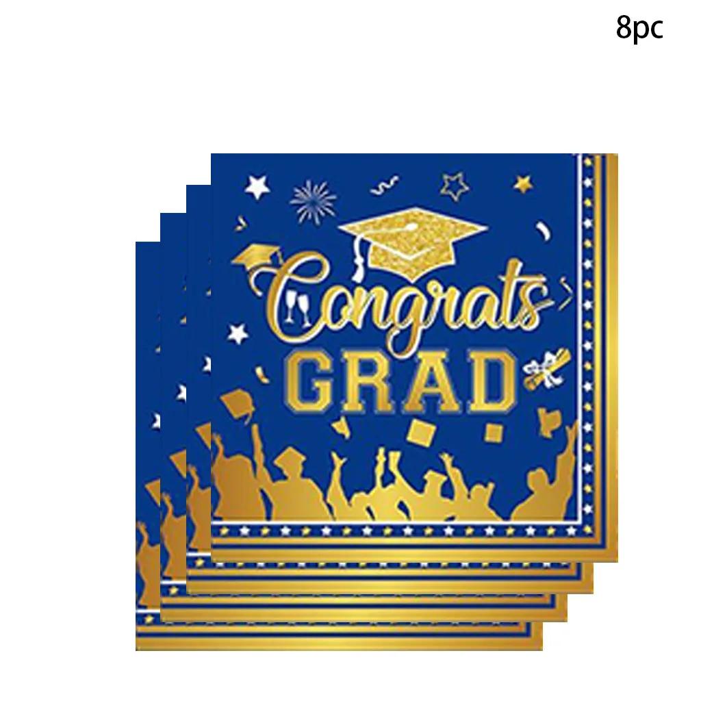 

Одноразовая посуда для выпускного вечера, синяя, золотая шляпа бакалавра, бумажная тарелка с надписью «Поздравляю», салфетка, принадлежности для выпускного вечера