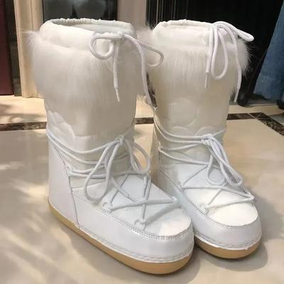 Modische Schuhe 2024 Neue Winter Pelzstiefel Schneestiefel Damen Ski Flauschig Haarig Schnürstiefel Mittlere Wade Plateau Flach mit Weißen Baumwollstiefeln