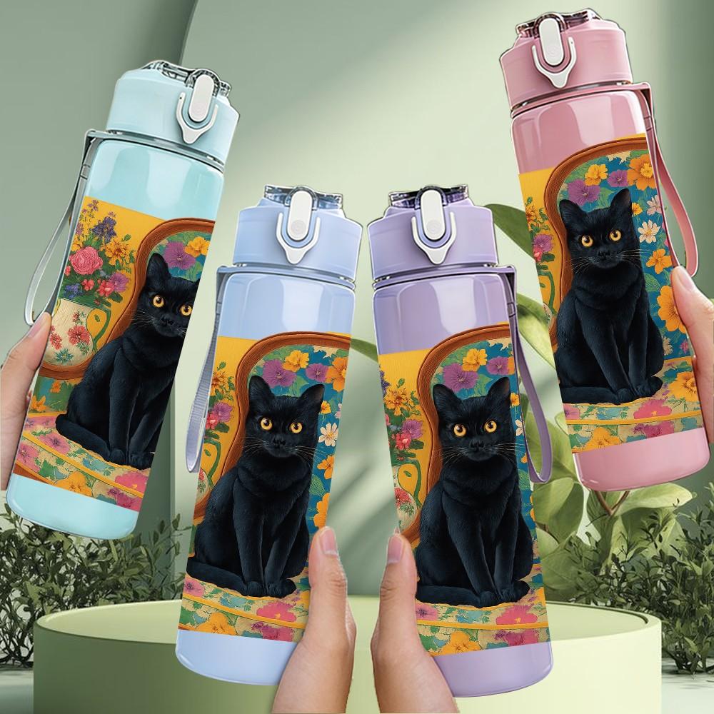 1PC Black Cat Colorful Floral Frame 750ml Color Plastic Sports Water Bottle Leakproof Flip Straw Lid Suitable for Sports Office Home Use