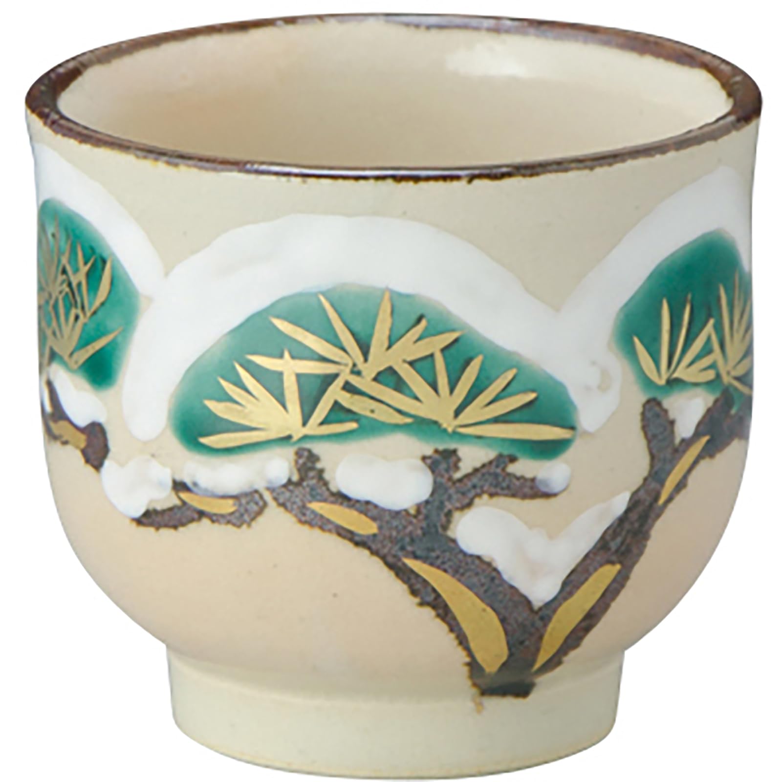 

Kyoto-yaki Kiyomizu-yaki sake cup, approximately 6cm, with a floral calendar and pine motif, made in Japan, GWH413-01