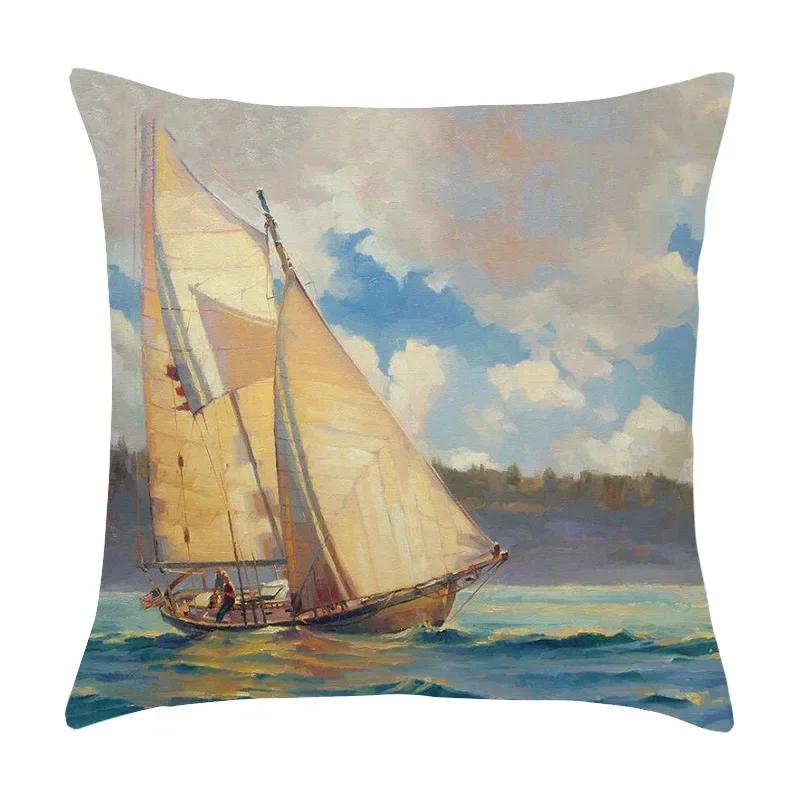 Beautiful Oil Painting Sail Sailing Landscape Print Pattern Cushion Cover Home Living Room Sofa Decoration Pillow