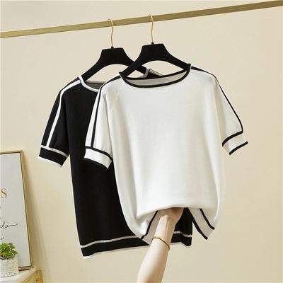 İnce Örme Tişört Kadın Kısa Kollu Yazlık Üstler Kadın Giyim Çizgili Moda Tişört Tişört Femme