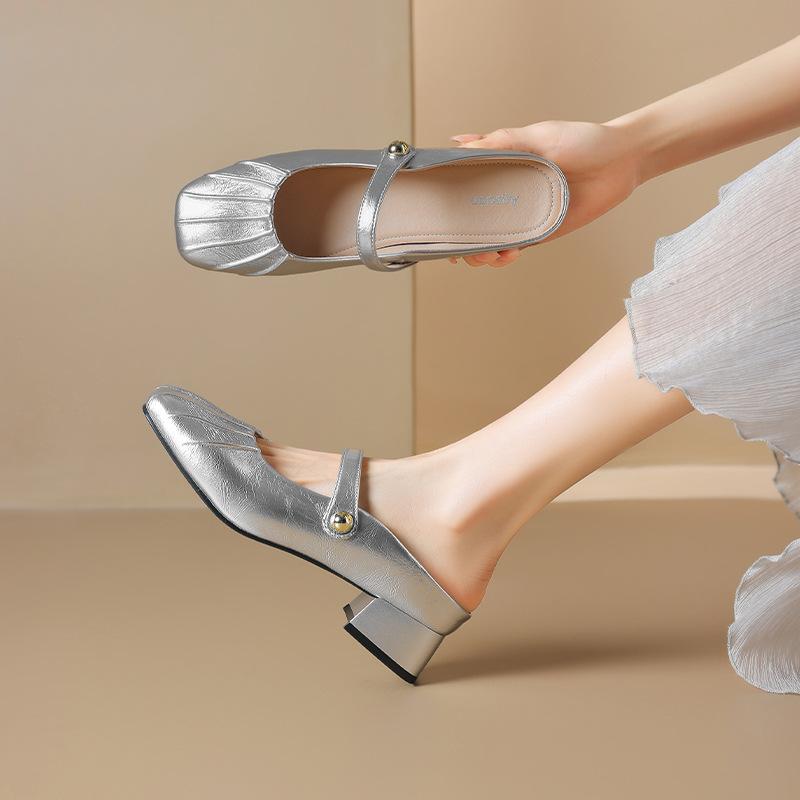 Silver bag head slippers new summer French thick heel half slippers