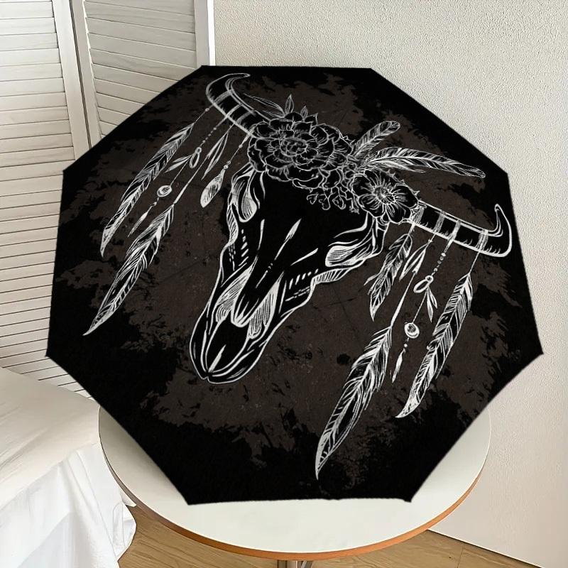 1PC Bull Skull Feathers Pattern Small Travel Compact Windproof Umbrella, Automatic Folding Umbrella, Automatic Open/Close ,Gift-161